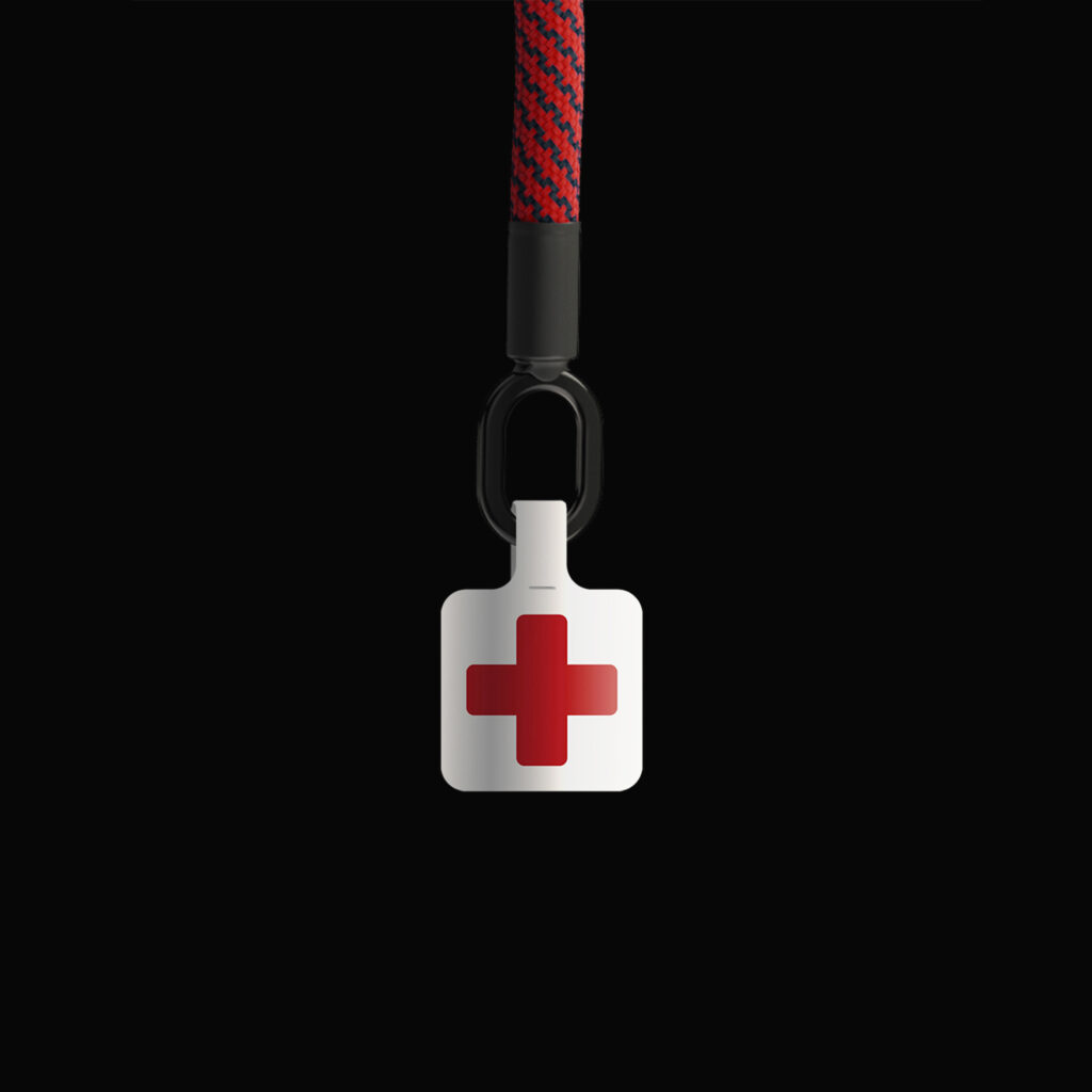 Special edition tex-lock eyelet red belly with logo of the German Aids Foundation on the metal eyelet in front of black background