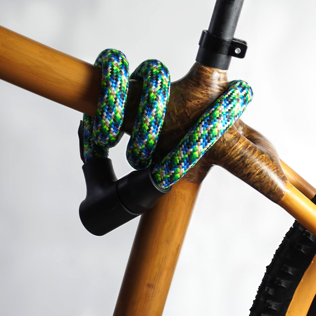 tex-lock special edition 2023 orbit neon earth wrapped on seat post of bamboo bike