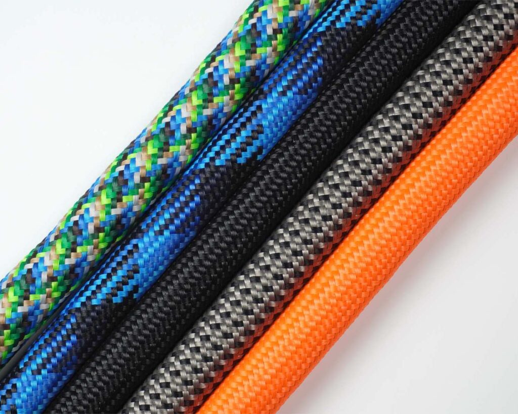 5 Textilseile in orange, grau, schwarz, blau und grün nebeneinander