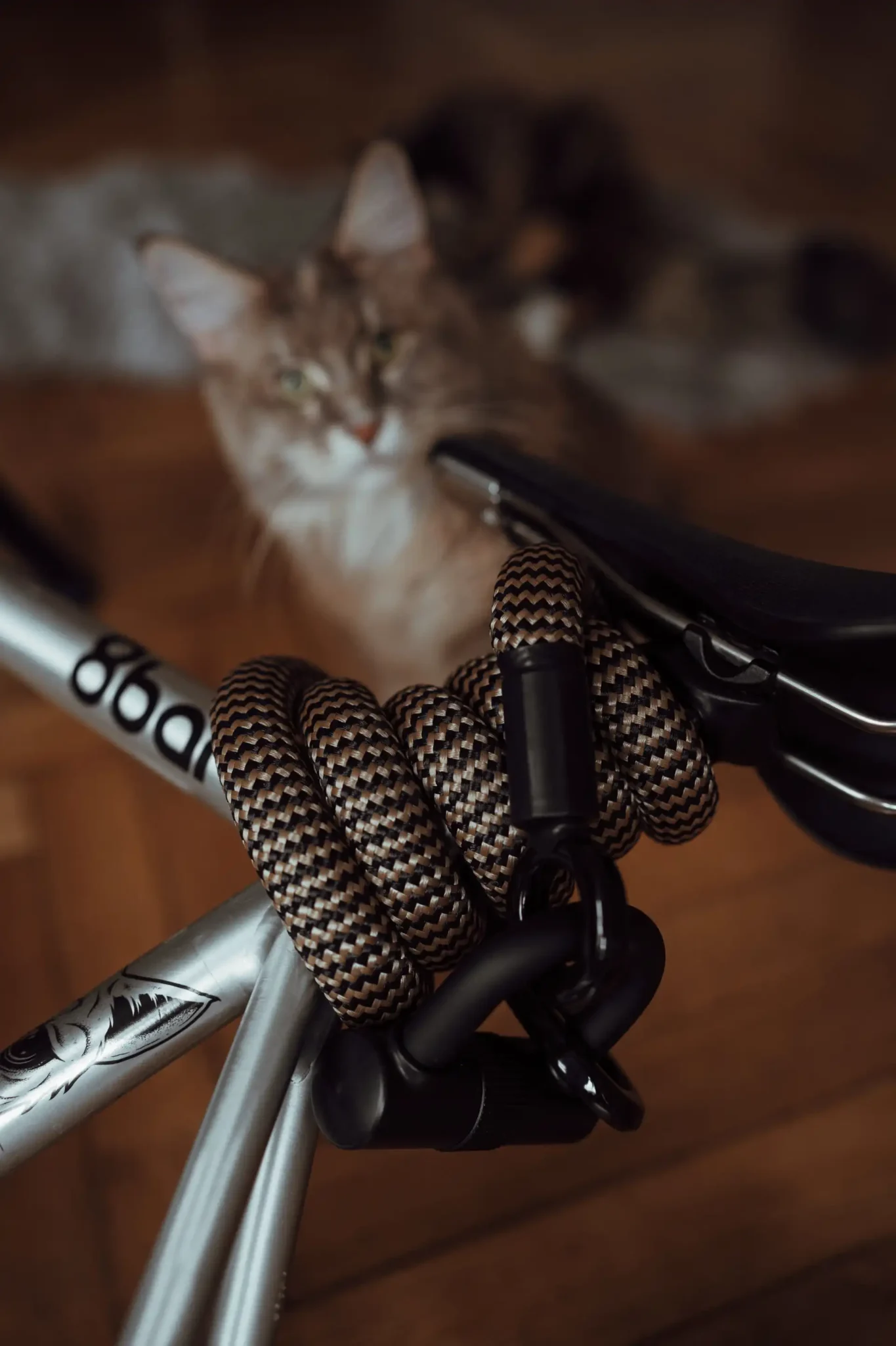 tex–lock wild hemp wrapped around saddle rail with cat in the background